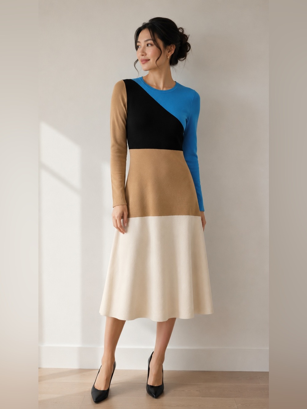 Diane Von Furstenberg DVF ColorBlock Merino Wool Knit Midi Dress, Small